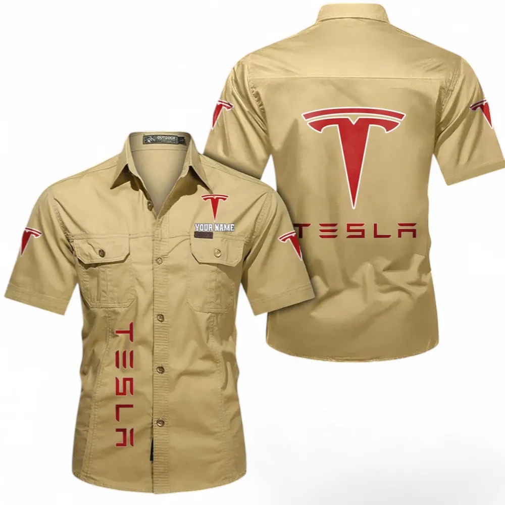 Hypercar Short Sleeved Shirt, Button up Shirt Exclusive Logo For Car Owners, Custom Name CAR392072125839-Khaki
