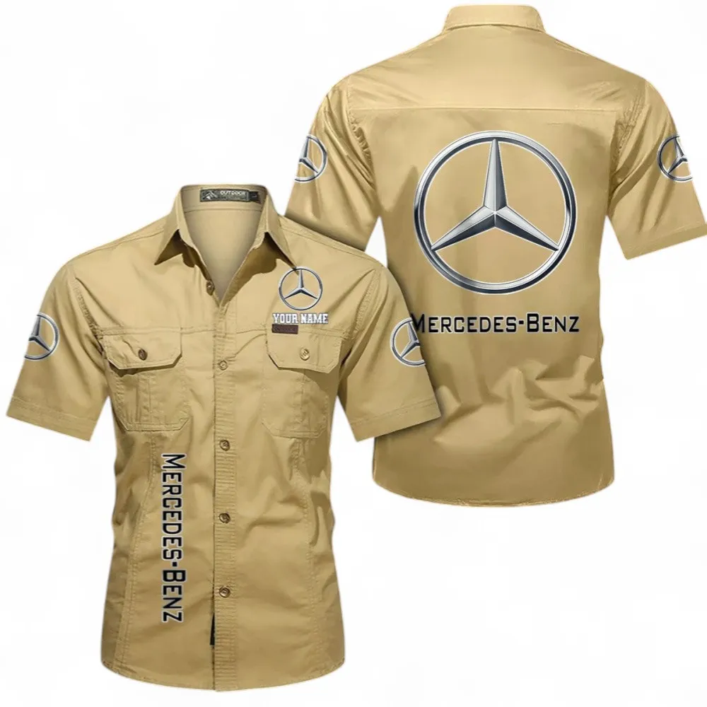 Luxury Auto Short Sleeved Shirt, Button up Shirt Exclusive Logo For Car Owners, Custom Name CAR392072125781-Khaki