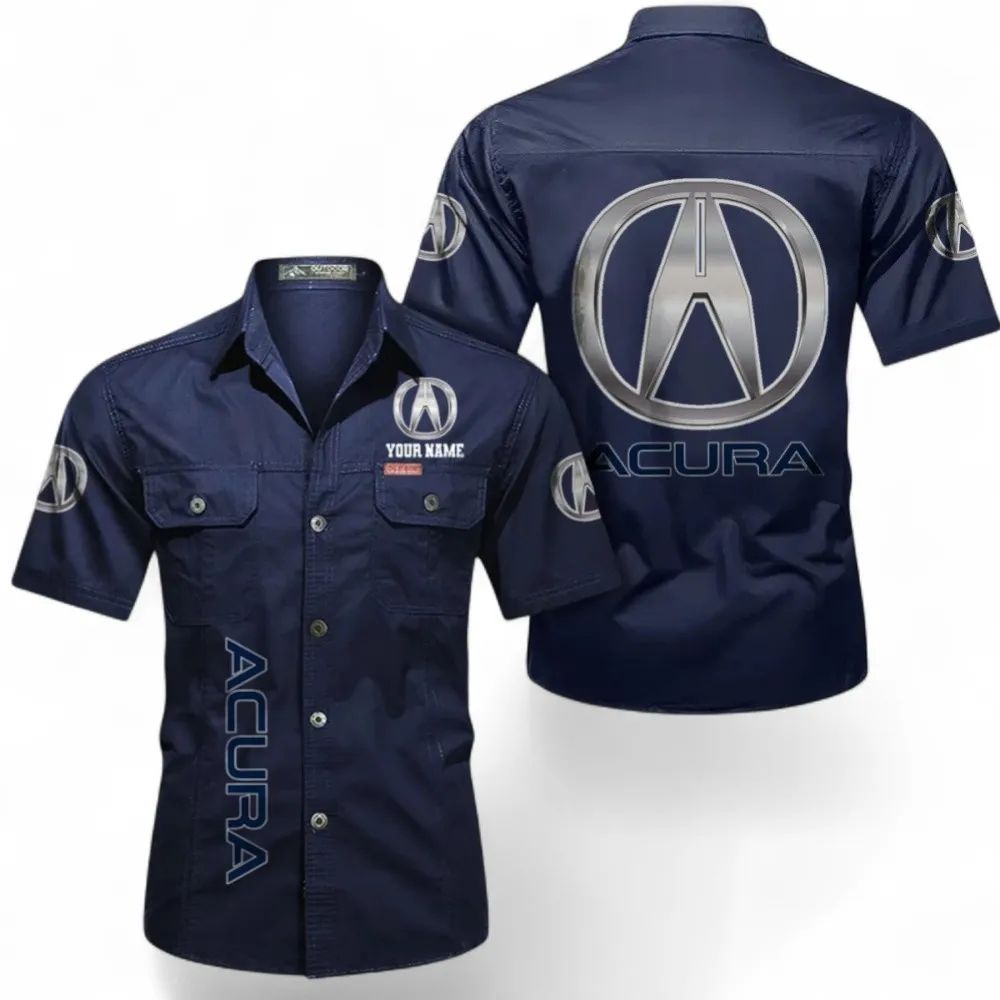 Luxury JDM Car Short Sleeved Shirt, Button up Shirt Exclusive Logo For Car Owners, Custom Name CAR392072125827-Dark Blue