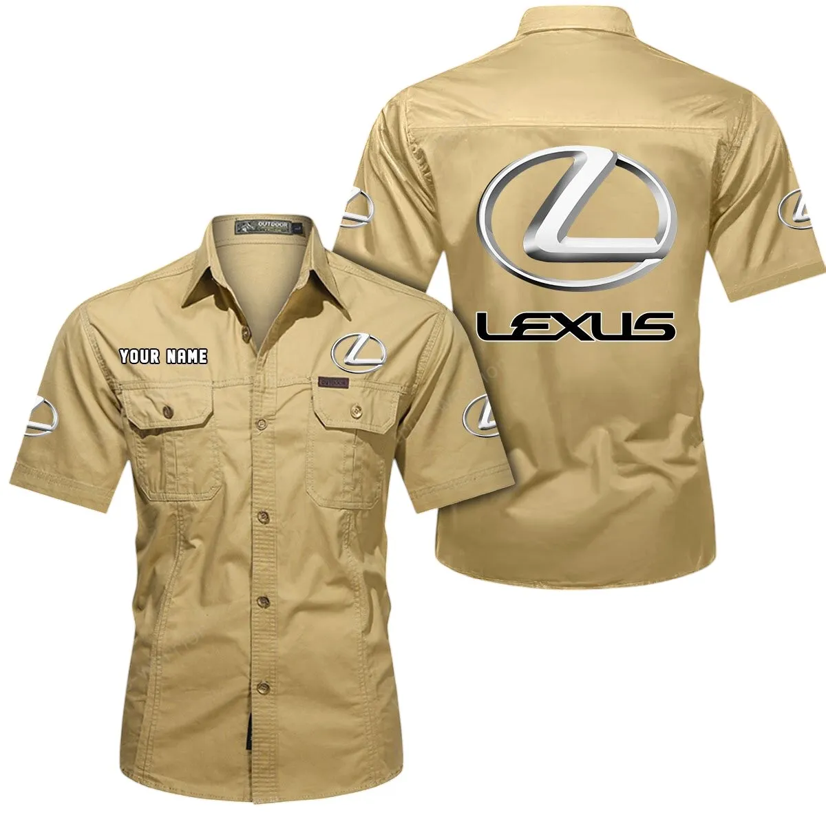 Luxury Sedan Lovers Gift Short Sleeved Shirt, Button Up Shirt Exclusive Logo For Car Owners CAR444052625904 - Khaki