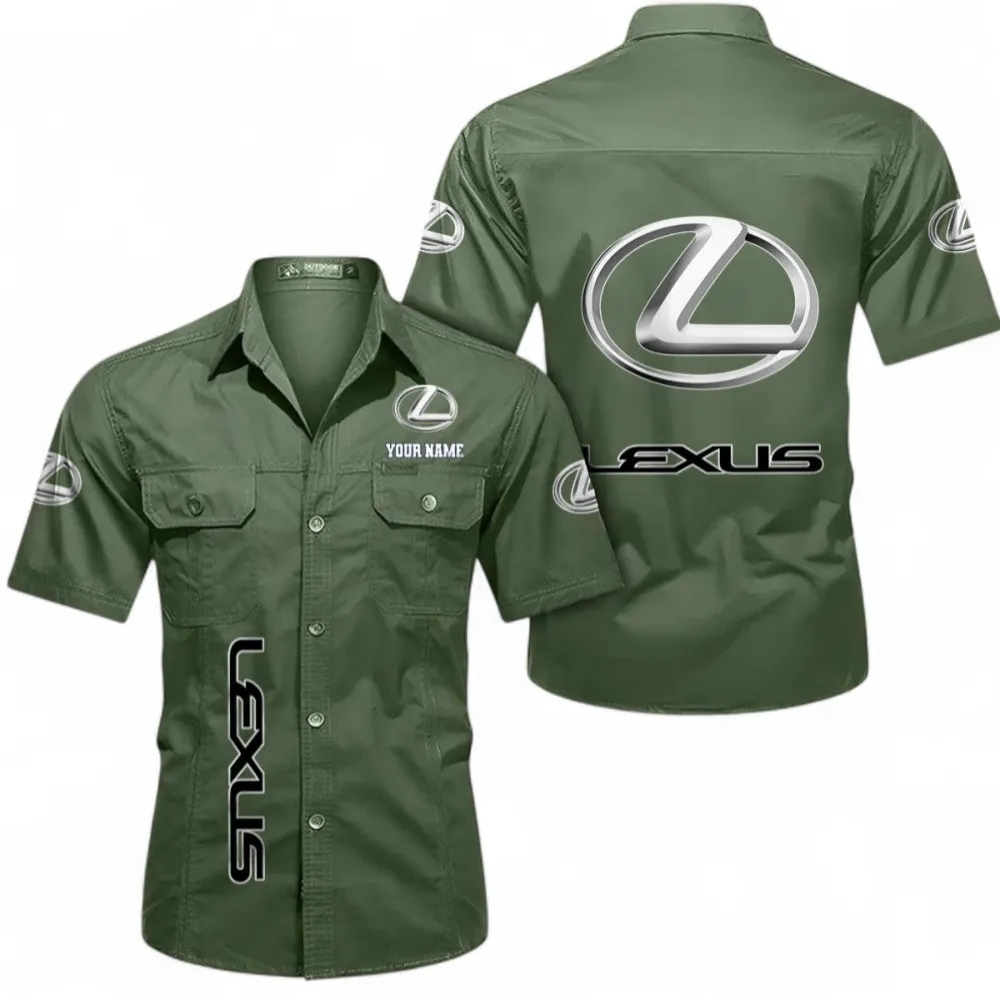 Luxury Sedan Short Sleeved Shirt, Button up Shirt Exclusive Logo For Car Owners, Custom Name CAR392072125816-Army Green