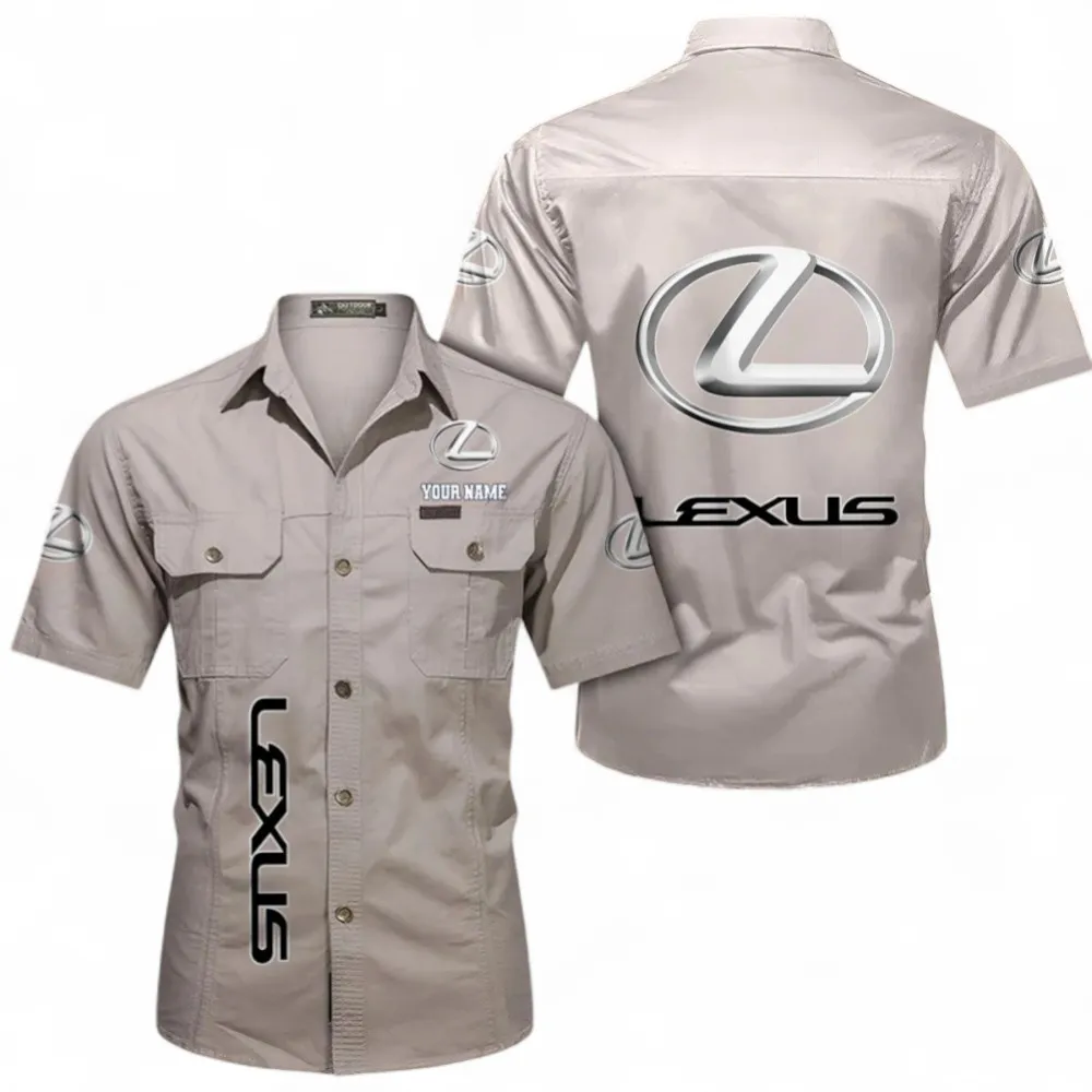 Luxury Sedan Short Sleeved Shirt, Button up Shirt Exclusive Logo For Car Owners, Custom Name CAR392072125816-Beige
