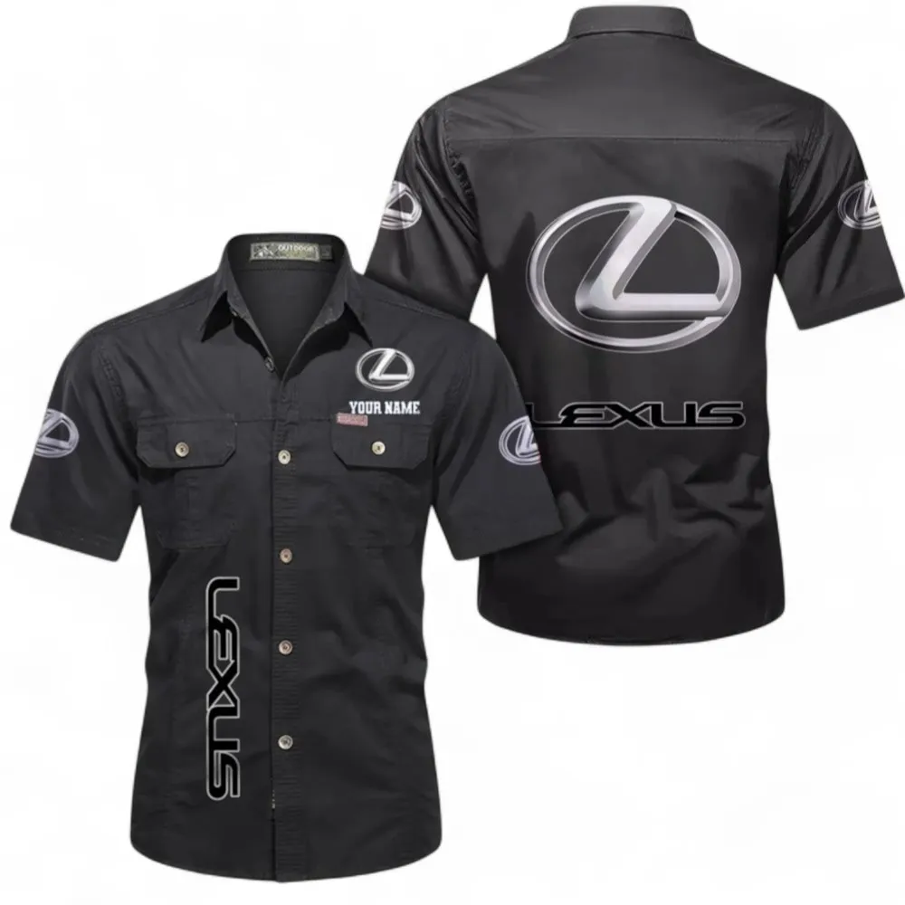 Luxury Sedan Short Sleeved Shirt, Button up Shirt Exclusive Logo For Car Owners, Custom Name CAR392072125816-Black