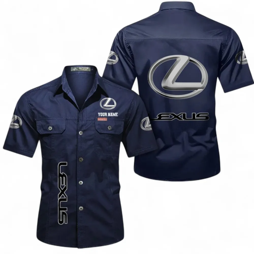 Luxury Sedan Short Sleeved Shirt, Button up Shirt Exclusive Logo For Car Owners, Custom Name CAR392072125816-Dark Blue