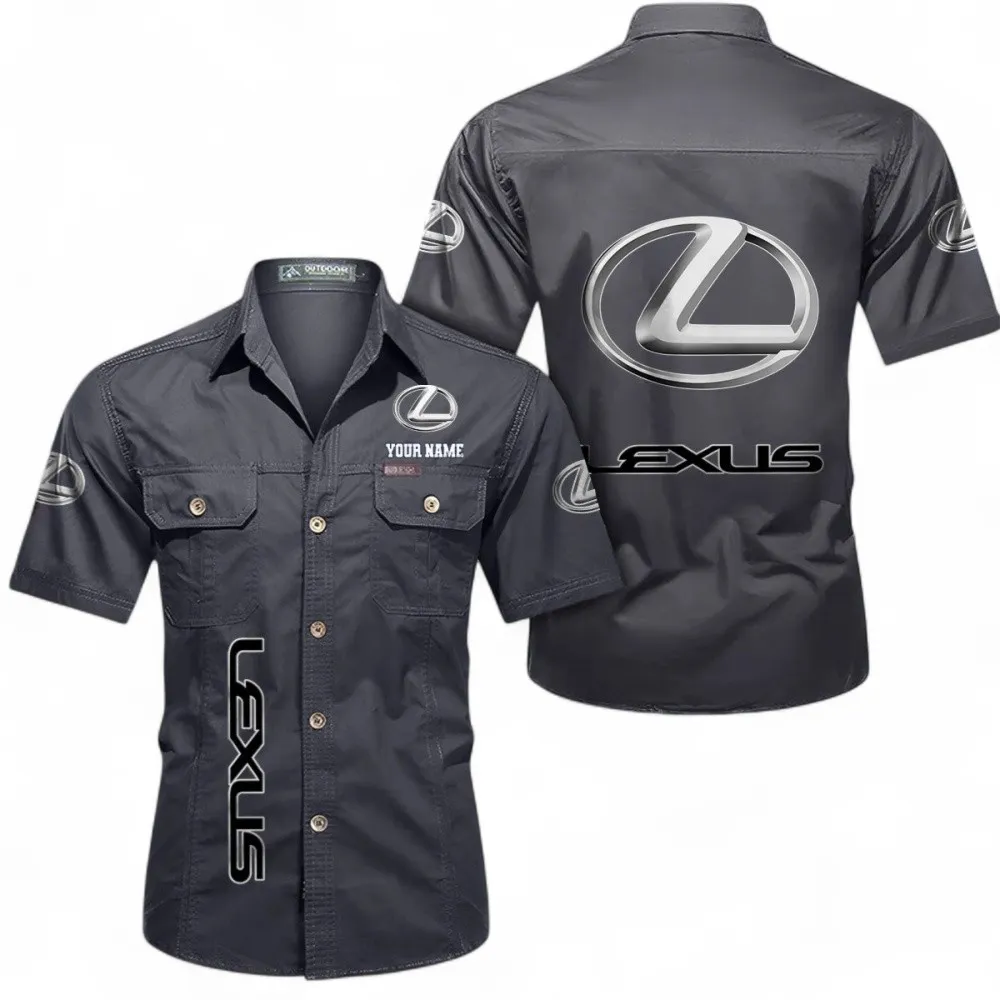 Luxury Sedan Short Sleeved Shirt, Button up Shirt Exclusive Logo For Car Owners, Custom Name CAR392072125816-Gray