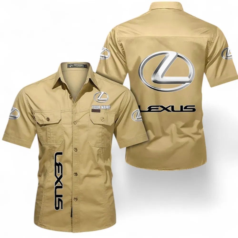 Luxury Sedan Short Sleeved Shirt, Button up Shirt Exclusive Logo For Car Owners, Custom Name CAR392072125816-Khaki