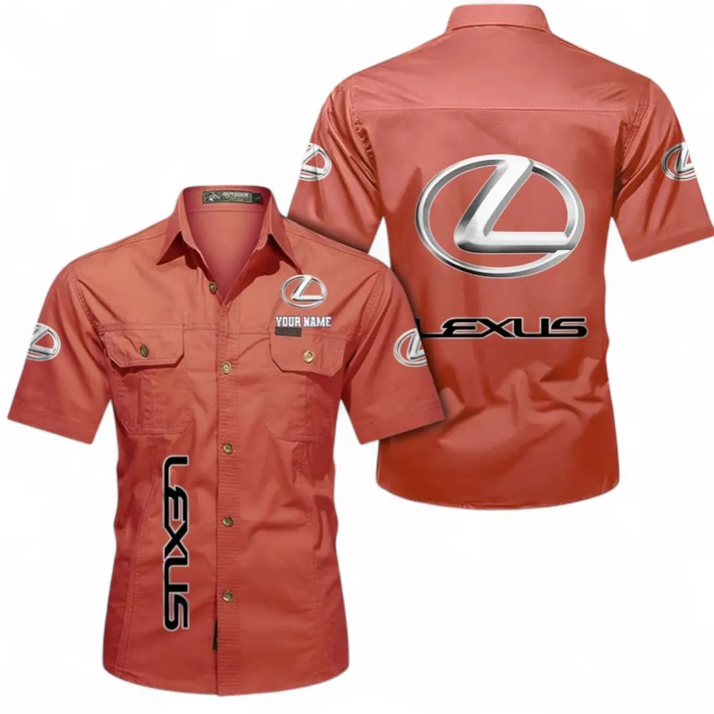Luxury Sedan Short Sleeved Shirt, Button up Shirt Exclusive Logo For Car Owners, Custom Name CAR392072125816-Red