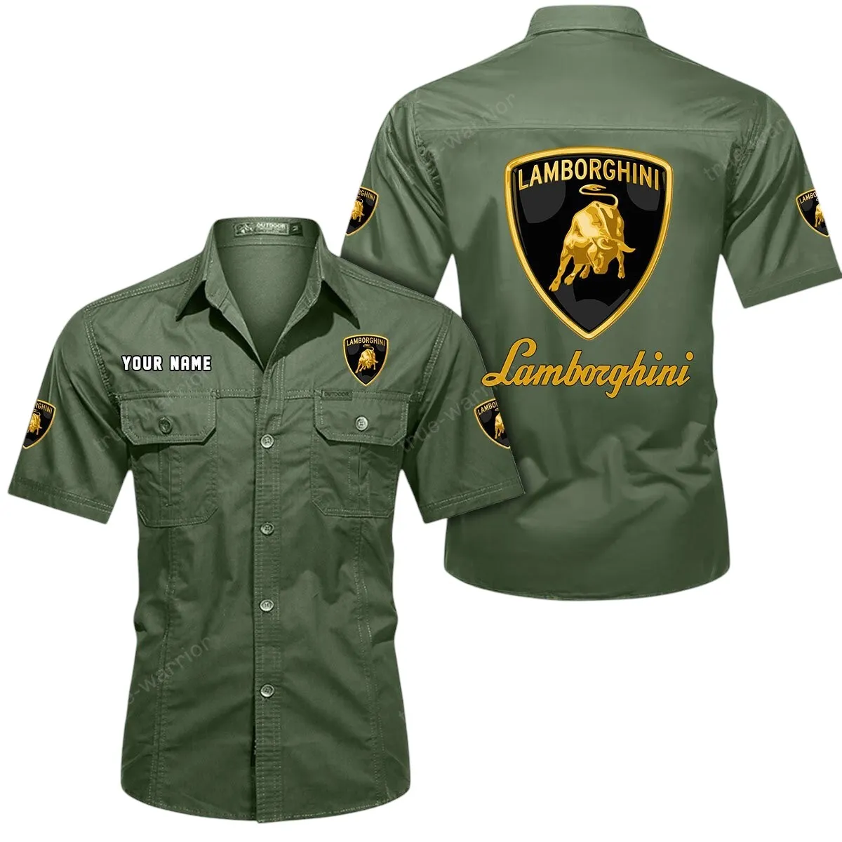 Luxury Supercar Lovers Gift Short Sleeved Shirt, Button Up Shirt Exclusive Logo For Car Owners CAR444052625840 - Army Green