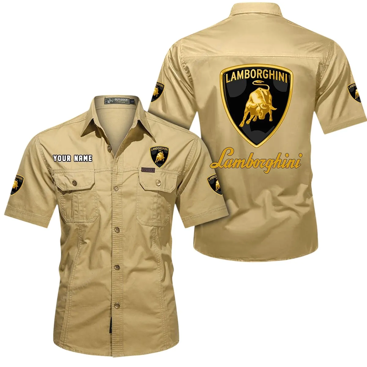 Luxury Supercar Lovers Gift Short Sleeved Shirt, Button Up Shirt Exclusive Logo For Car Owners CAR444052625840 - Khaki