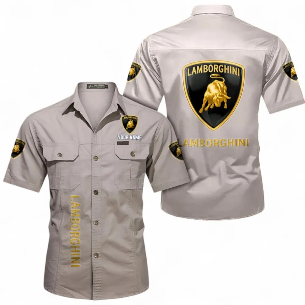 Luxury Supercar Short Sleeved Shirt, Button up Shirt Exclusive Logo For Car Owners, Custom Name CAR392072125778-Beige