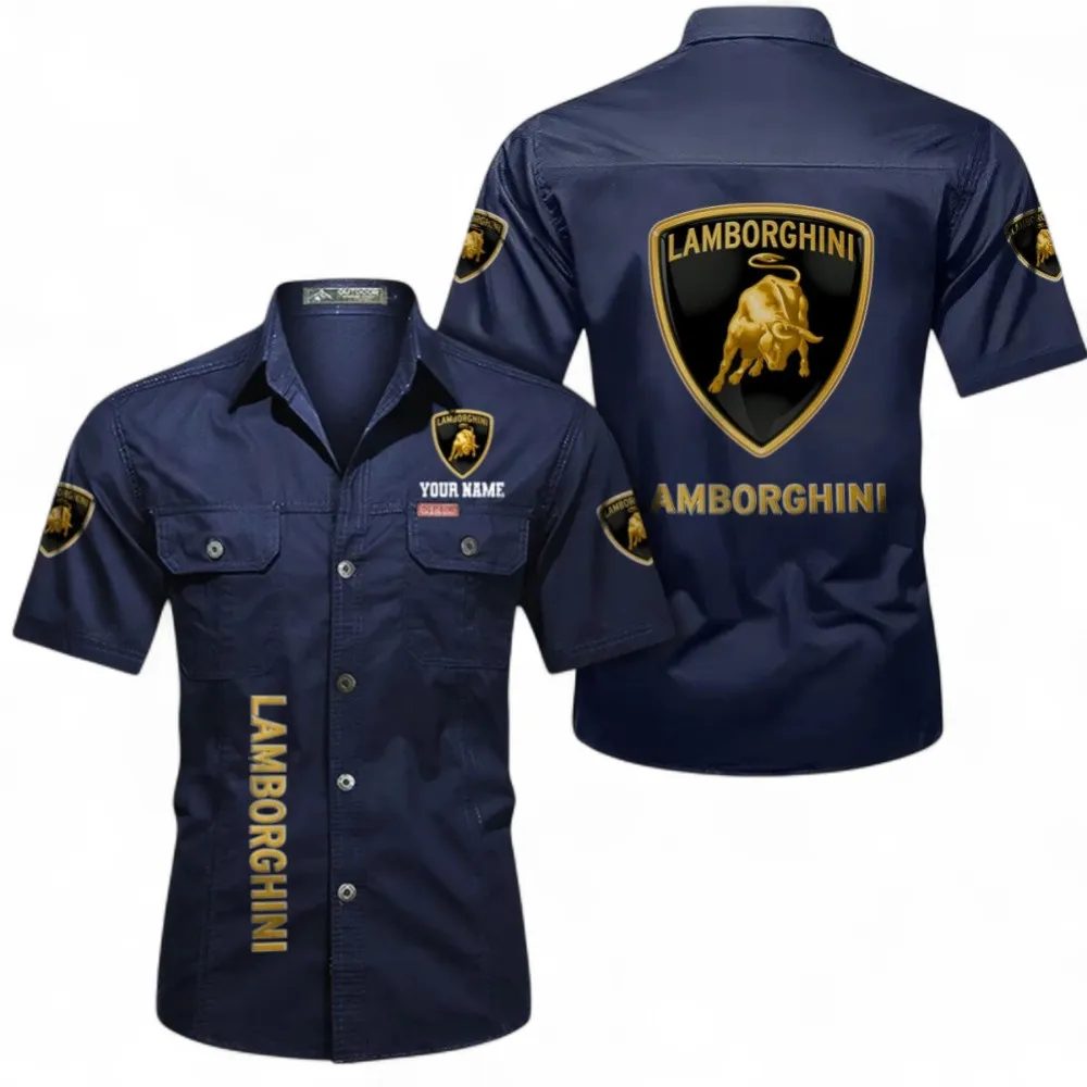 Luxury Supercar Short Sleeved Shirt, Button up Shirt Exclusive Logo For Car Owners, Custom Name CAR392072125778-Dark Blue