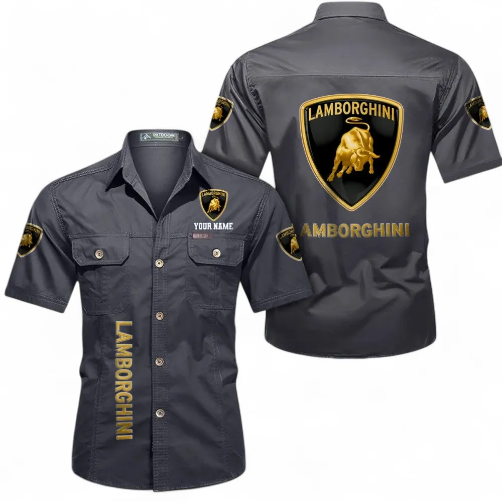 Luxury Supercar Short Sleeved Shirt, Button up Shirt Exclusive Logo For Car Owners, Custom Name CAR392072125778-Gray