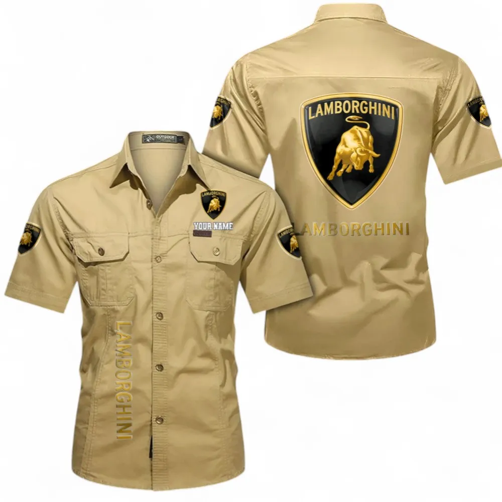 Luxury Supercar Short Sleeved Shirt, Button up Shirt Exclusive Logo For Car Owners, Custom Name CAR392072125778-Khaki