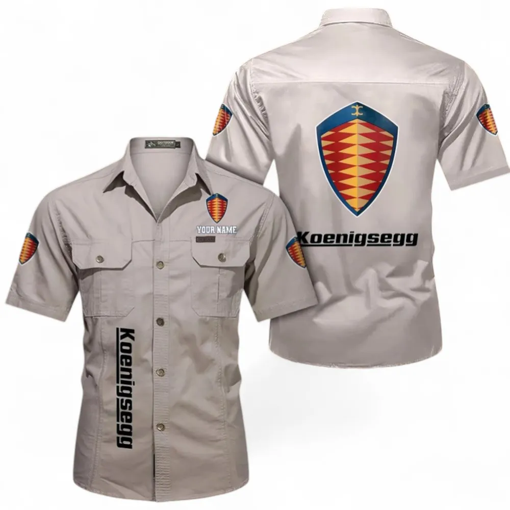 Megacars Short Sleeved Shirt, Button up Shirt Exclusive Logo For Car Owners, Custom Name CAR392072125812-Beige