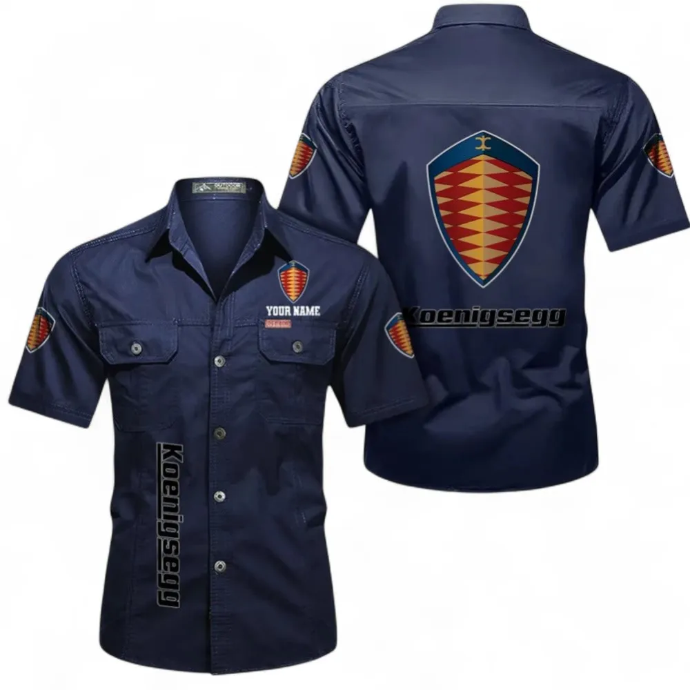 Megacars Short Sleeved Shirt, Button up Shirt Exclusive Logo For Car Owners, Custom Name CAR392072125812-Dark Blue
