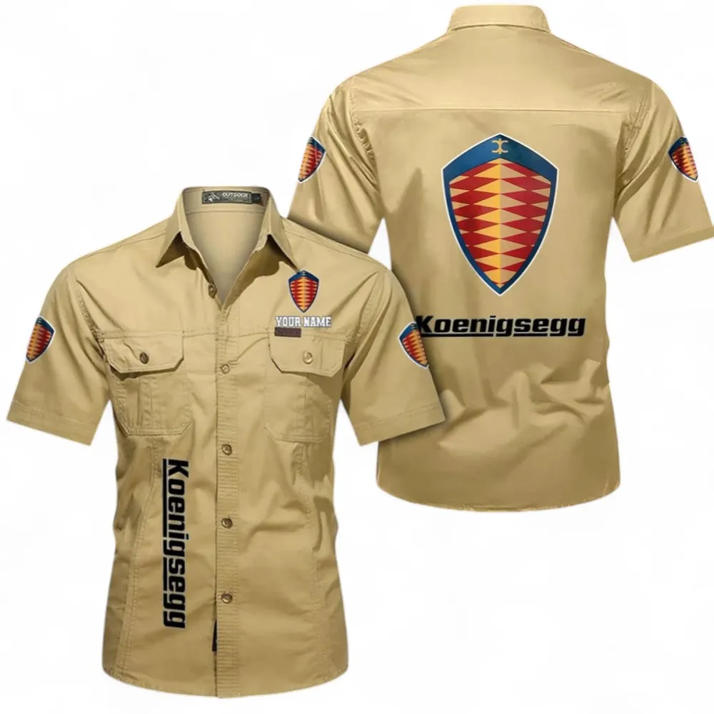 Megacars Short Sleeved Shirt, Button up Shirt Exclusive Logo For Car Owners, Custom Name CAR392072125812-Khaki