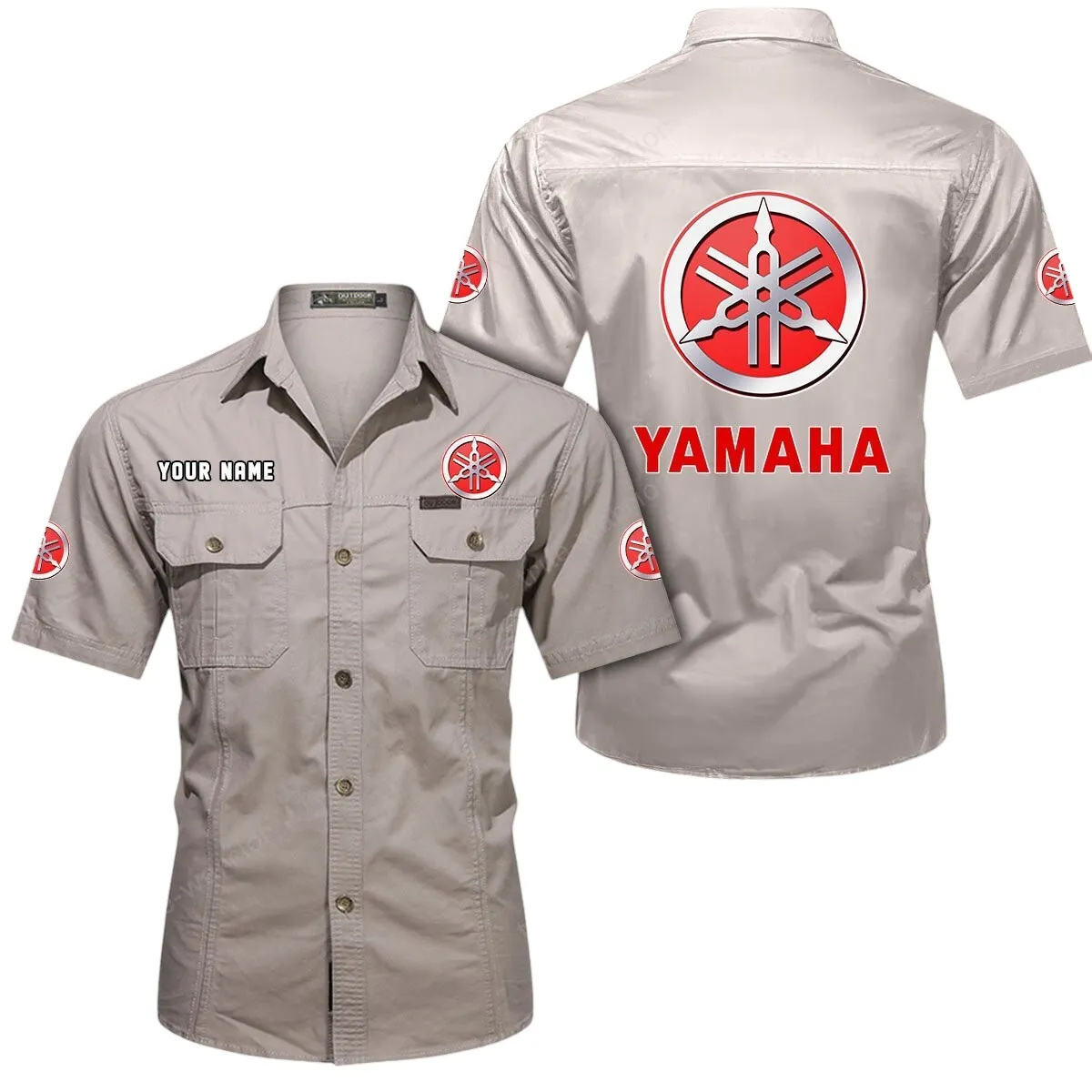 Motor Lovers Gift Short Sleeved Shirt, Button Up Shirt Exclusive Logo For Car Owners CAR444052625814 - Beige