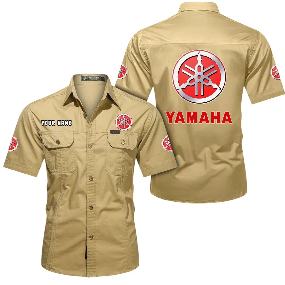Motor Lovers Gift Short Sleeved Shirt, Button Up Shirt Exclusive Logo For Car Owners CAR444052625814 - Khaki