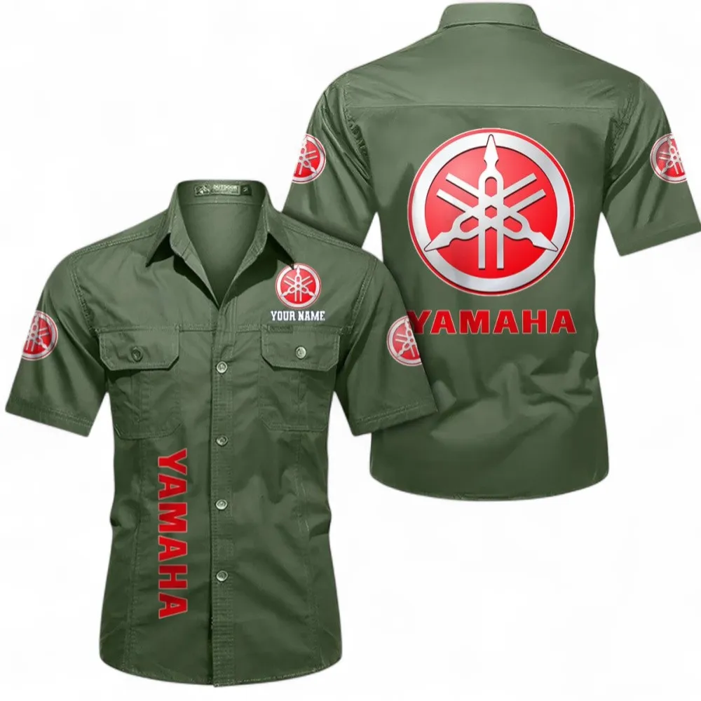 Motor Short Sleeved Shirt, Button up Shirt Exclusive Logo For Car Owners, Custom Name CAR392072125785-Army Green