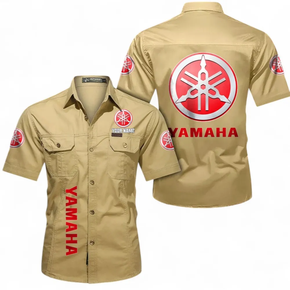 Motor Short Sleeved Shirt, Button up Shirt Exclusive Logo For Car Owners, Custom Name CAR392072125785-Khaki