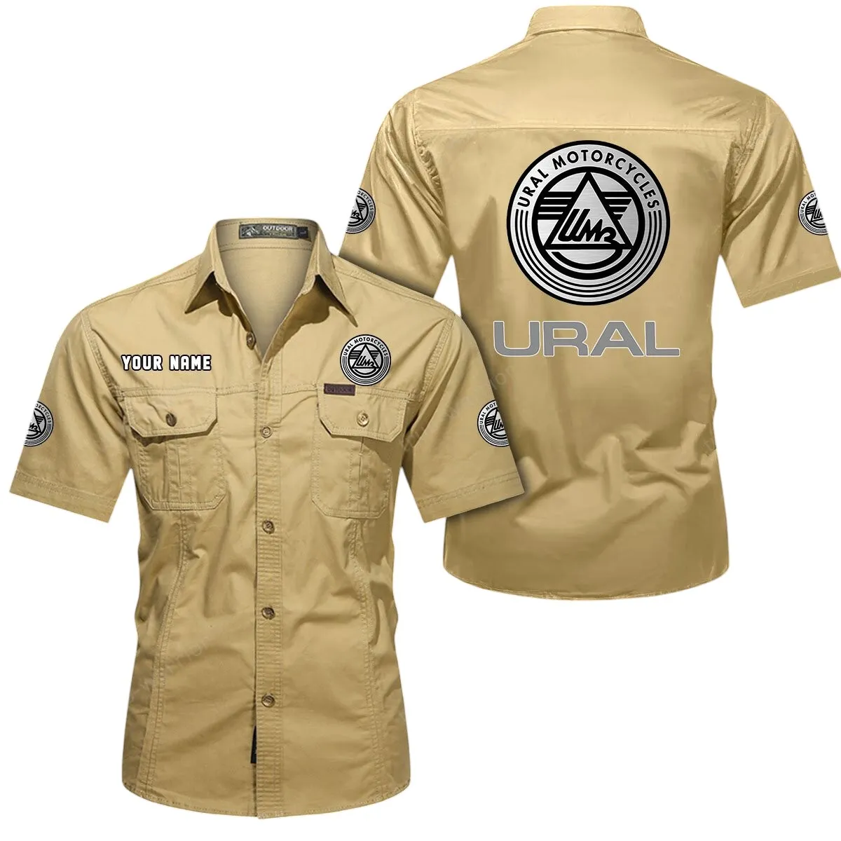 Motorcycles Lovers Gift Short Sleeved Shirt, Button Up Shirt Exclusive Logo For Car Owners CAR444052625837 - Khaki