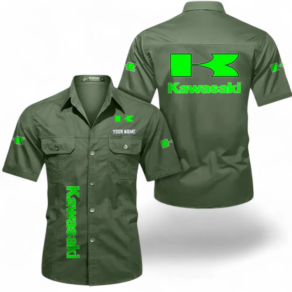 Motorcycles Short Sleeved Shirt, Button up Shirt Exclusive Logo For Car Owners, Custom Name CAR392072125796-Army Green