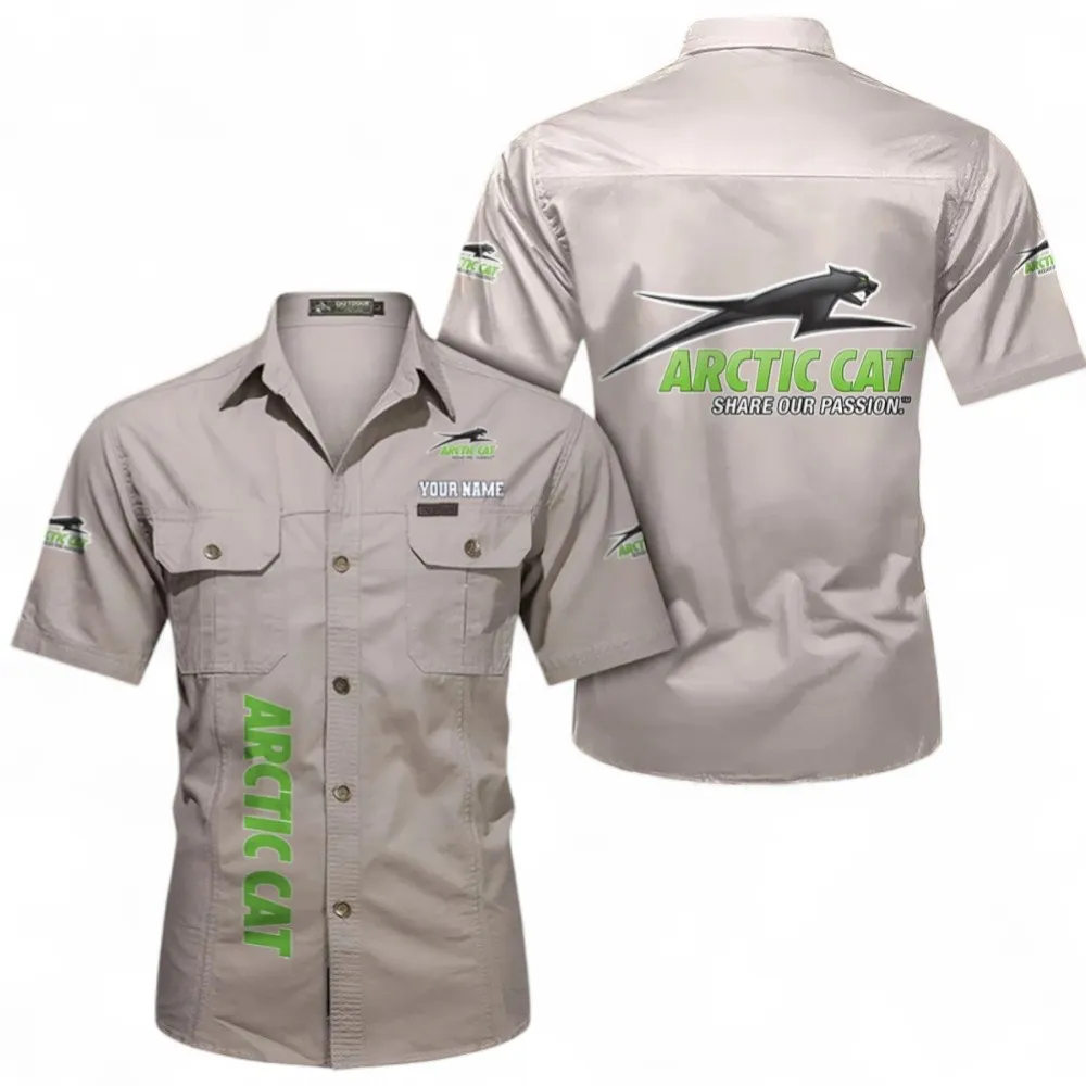 Off-Road Monster Short Sleeved Shirt, Button up Shirt Exclusive Logo For Car Owners, Custom Name CAR392072125823-Beige