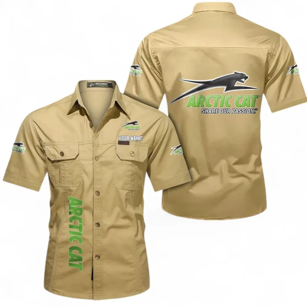Off-Road Monster Short Sleeved Shirt, Button up Shirt Exclusive Logo For Car Owners, Custom Name CAR392072125823-Khaki