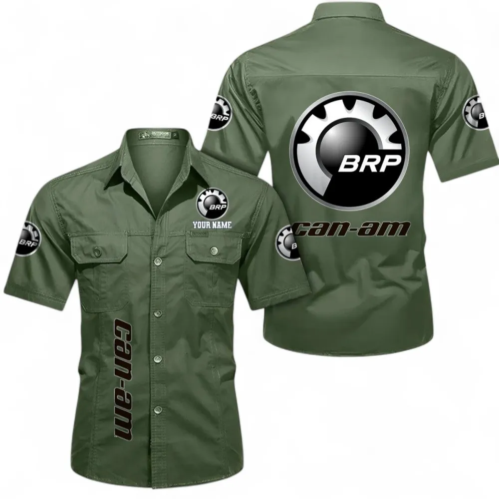 Off-Road Vehicles-Motorcycles Short Sleeved Shirt, Button up Shirt Exclusive Logo For Car Owners, Custom Name CAR392072125822-Army Green