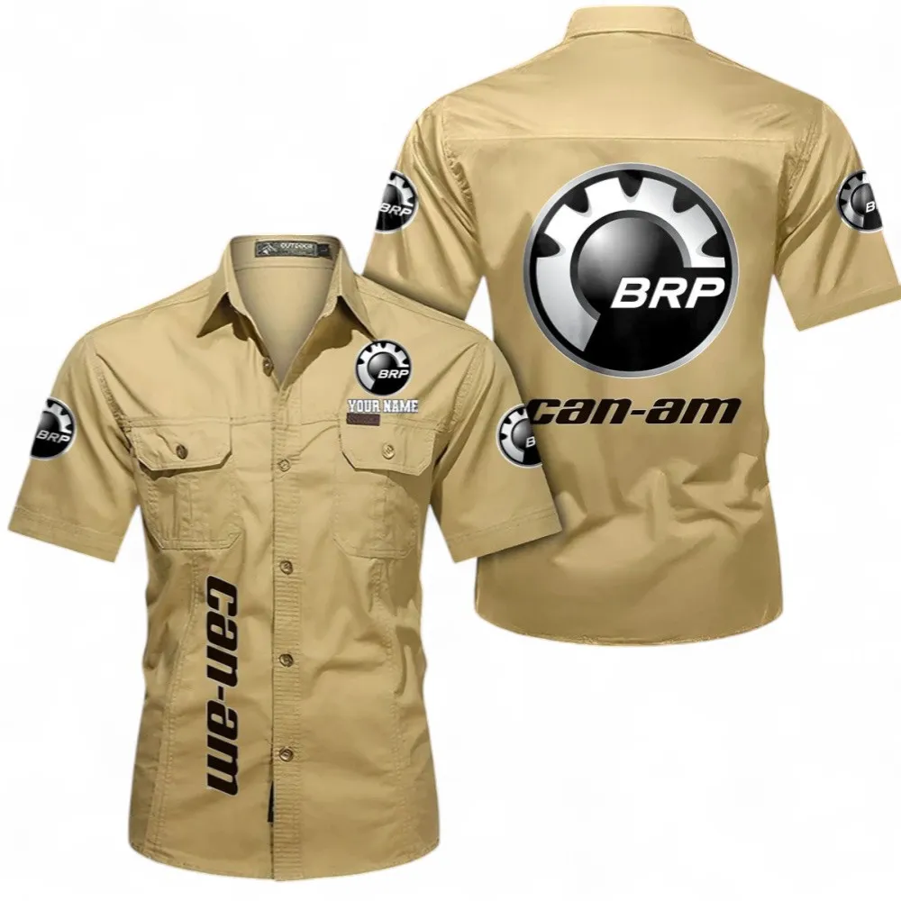 Off-Road Vehicles-Motorcycles Short Sleeved Shirt, Button up Shirt Exclusive Logo For Car Owners, Custom Name CAR392072125822-Khaki