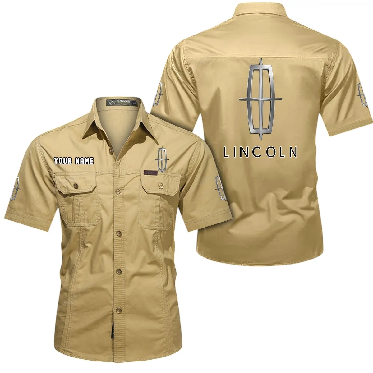 Premium Ride Auto Lovers Gift Short Sleeved Shirt, Button Up Shirt Exclusive Logo For Car Owners CAR444052625884 - Khaki