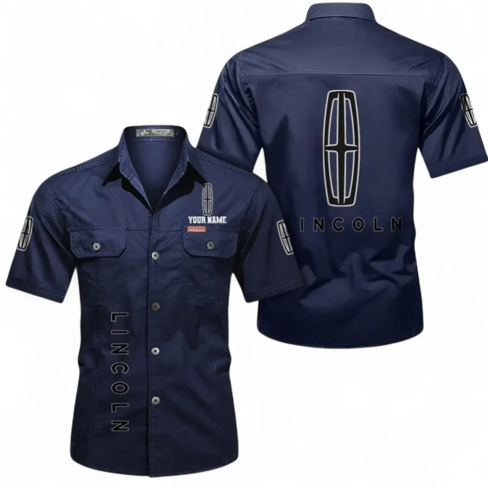 Premium Ride Auto Short Sleeved Shirt, Button up Shirt Exclusive Logo For Car Owners, Custom Name CAR392072125807-Dark Blue