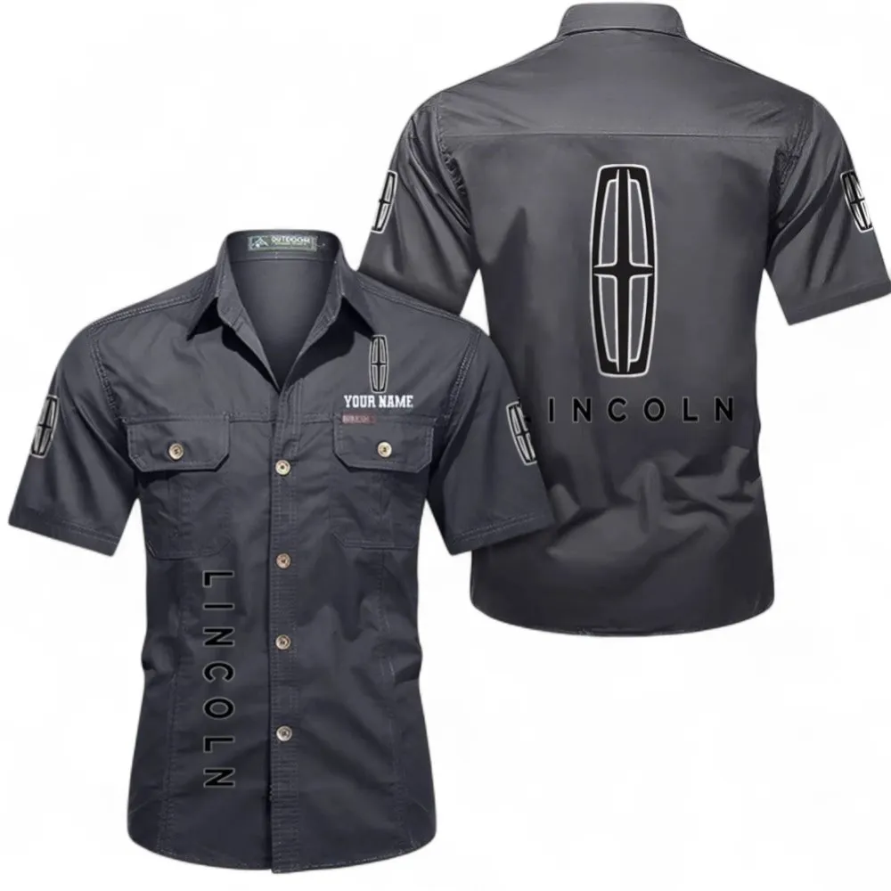 Premium Ride Auto Short Sleeved Shirt, Button up Shirt Exclusive Logo For Car Owners, Custom Name CAR392072125807-Gray