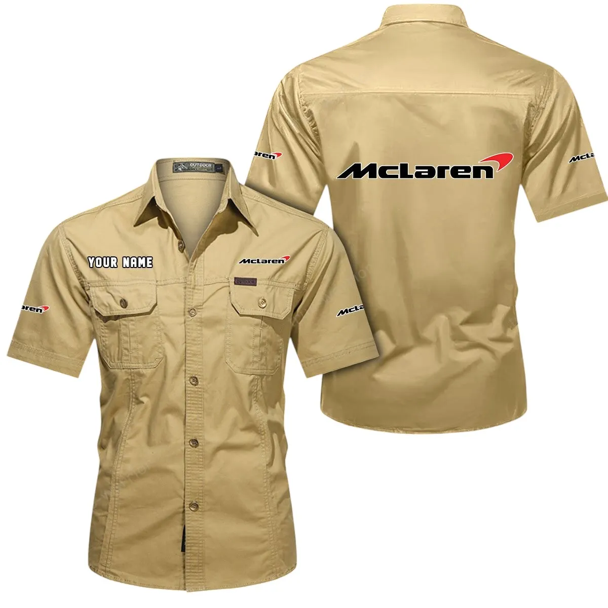 Racing Auto Lovers Gift Short Sleeved Shirt, Button Up Shirt Exclusive Logo For Car Owners CAR444052625902 - Khaki