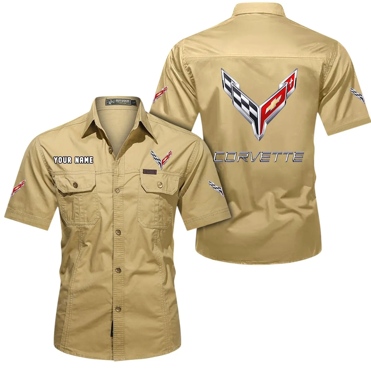 Racing Car Lovers Gift Short Sleeved Shirt, Button Up Shirt Exclusive Logo For Car Owners CAR444052625784 - Khaki