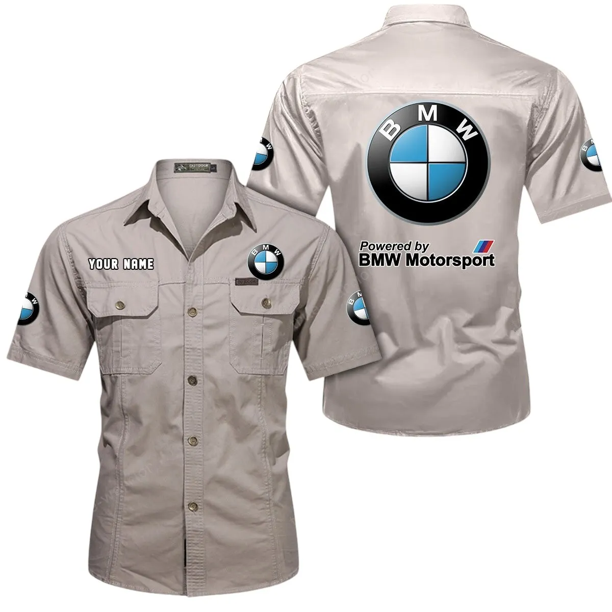 Racing Sport Car Lovers Gift Short Sleeved Shirt, Button Up Shirt Exclusive Logo For Car Owners CAR444052625807 - Beige