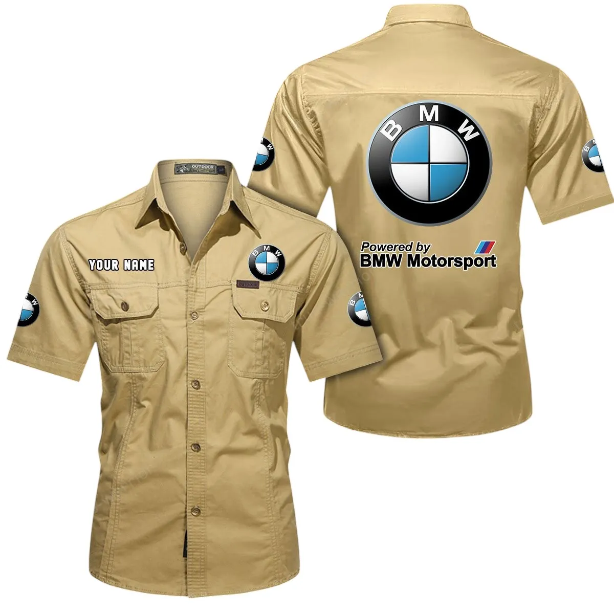 Racing Sport Car Lovers Gift Short Sleeved Shirt, Button Up Shirt Exclusive Logo For Car Owners CAR444052625807 - Khaki