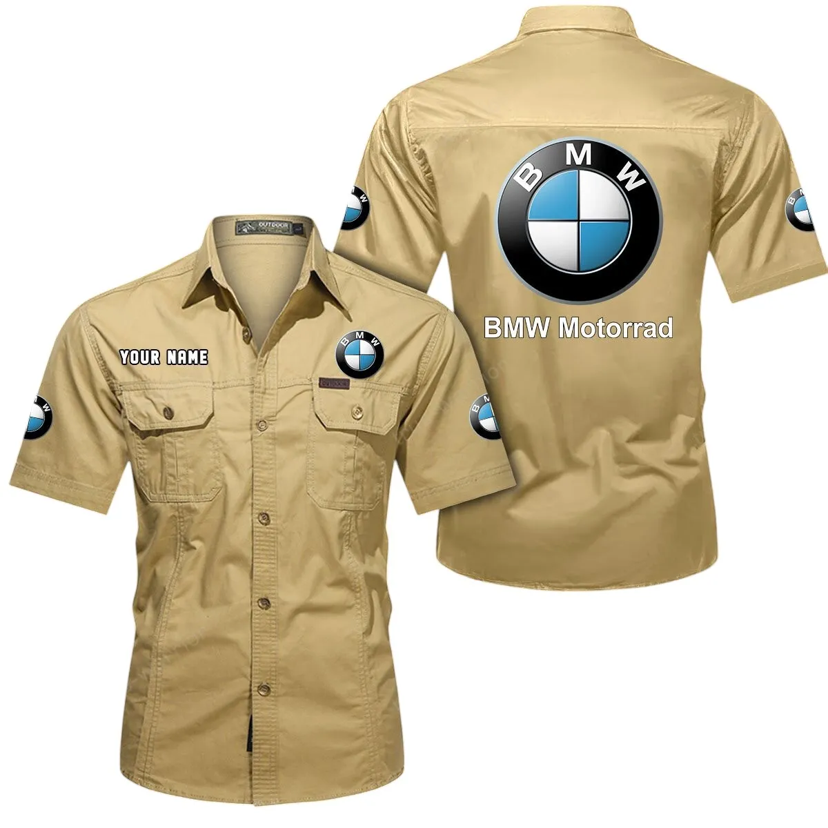 Racing Sport Car Lovers Gift Short Sleeved Shirt, Button Up Shirt Exclusive Logo For Car Owners CAR444052625873 - Khaki