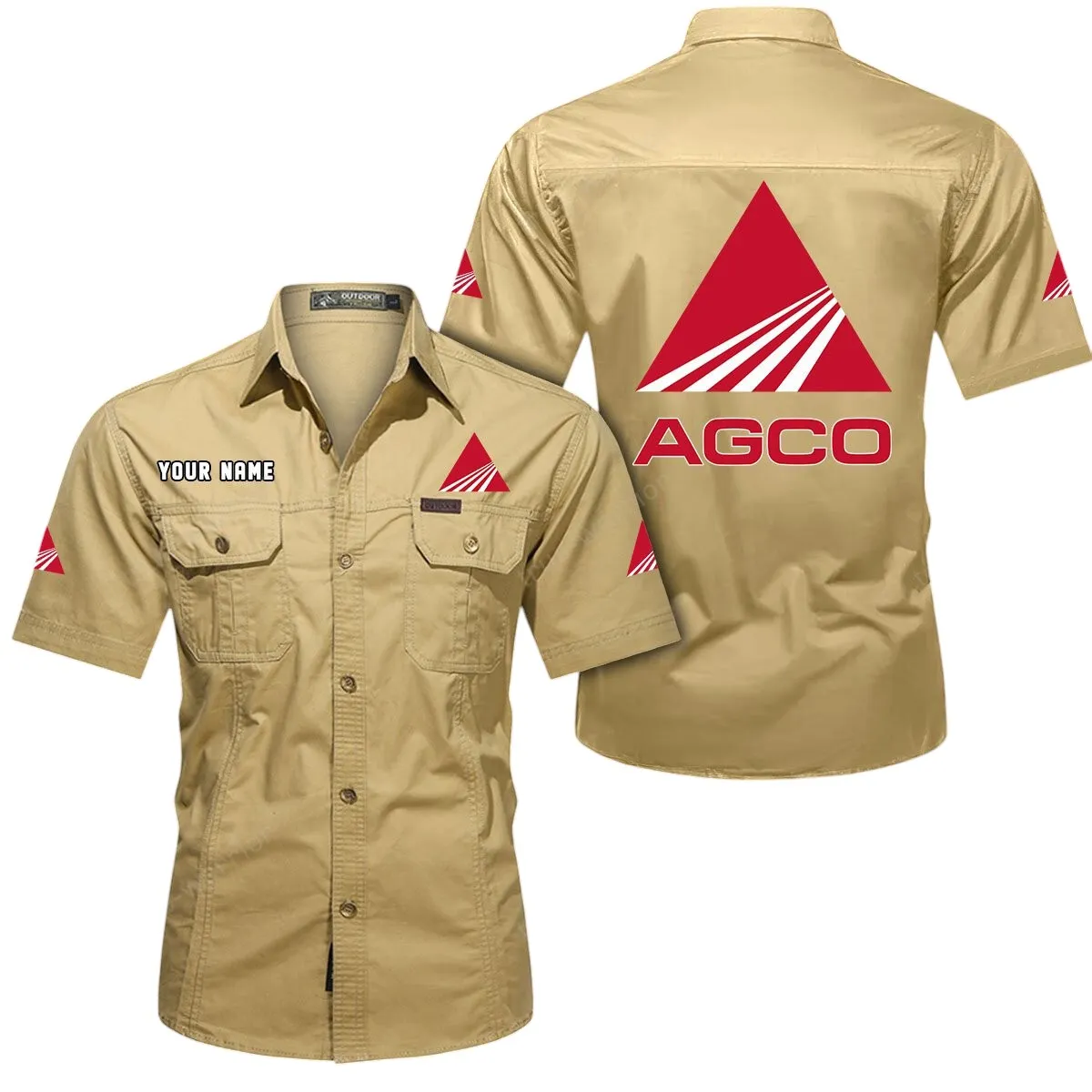 Red Tractor Lovers Gift Short Sleeved Shirt, Button Up Shirt Exclusive Logo For Car Owners CAR444052625966 - Khaki