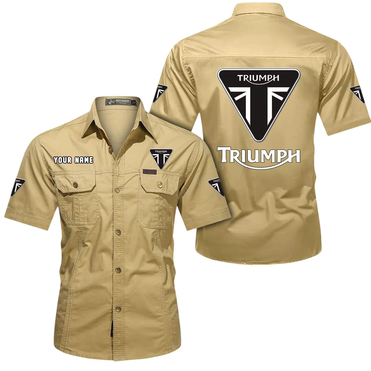 Retro Motorbikes Lovers Gift Short Sleeved Shirt, Button Up Shirt Exclusive Logo For Car Owners CAR444052625862 - Khaki