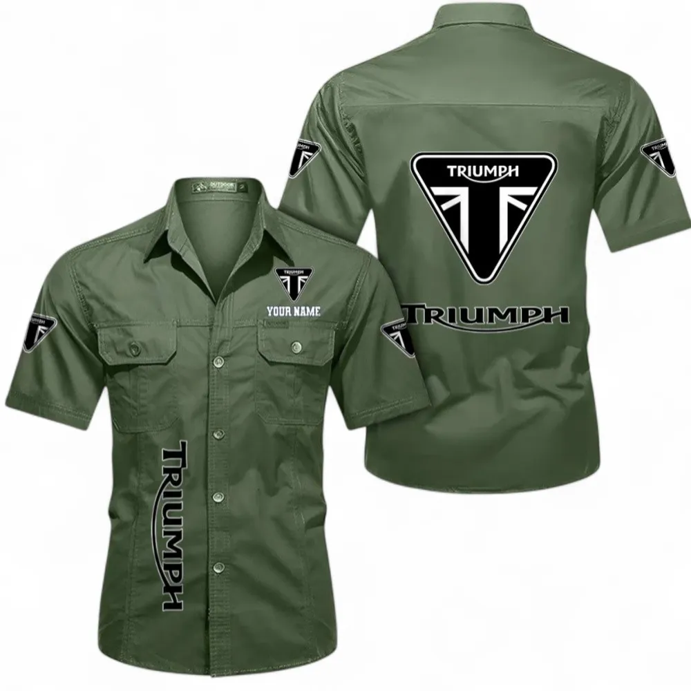 Retro Motorcycles Short Sleeved Shirt, Button up Shirt Exclusive Logo For Car Owners, Custom Name CAR392072125837-Army Green