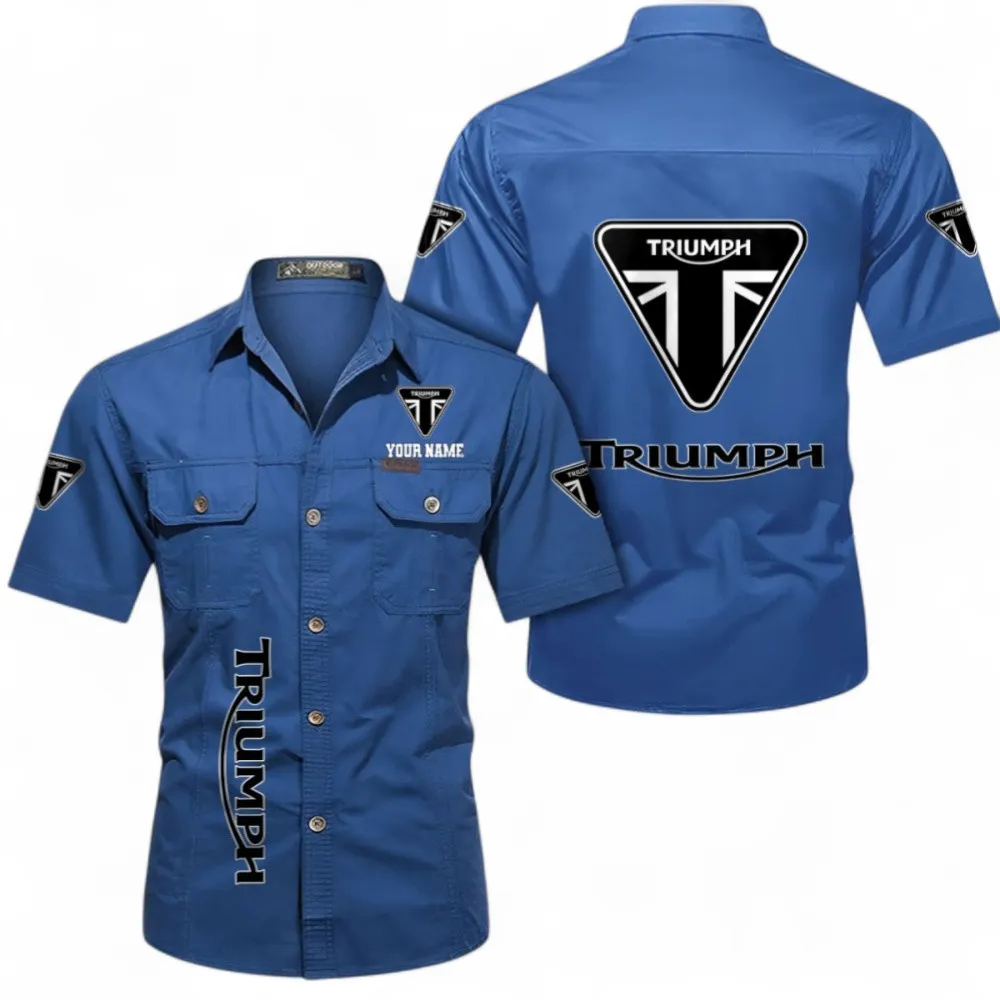 Retro Motorcycles Short Sleeved Shirt, Button up Shirt Exclusive Logo For Car Owners, Custom Name CAR392072125837-Cowboy Blue