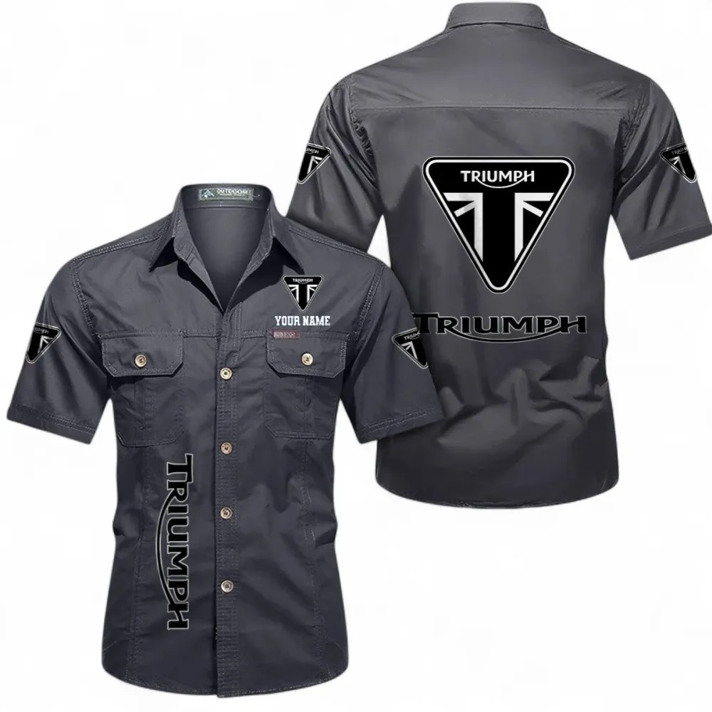 Retro Motorcycles Short Sleeved Shirt, Button up Shirt Exclusive Logo For Car Owners, Custom Name CAR392072125837-Gray