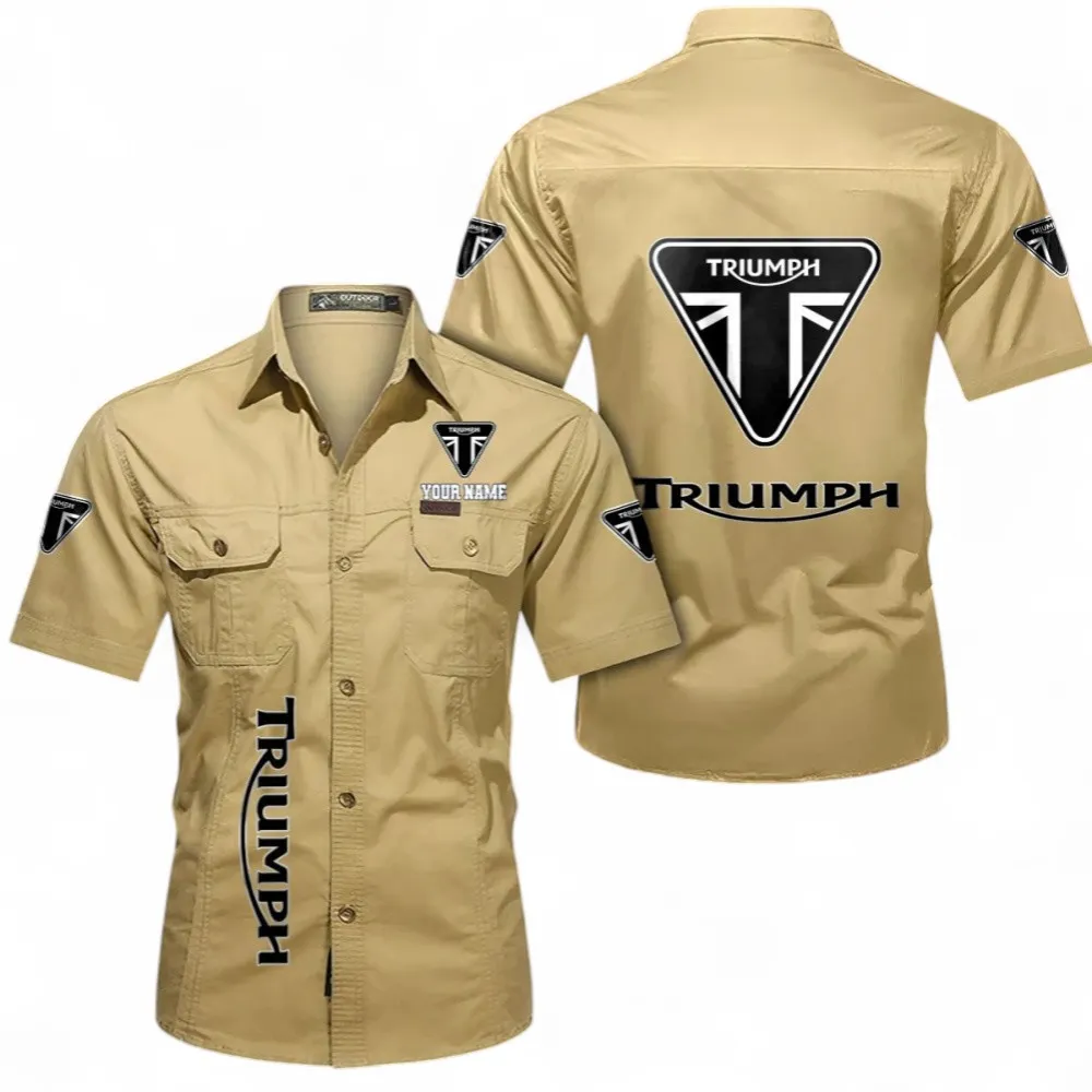 Retro Motorcycles Short Sleeved Shirt, Button up Shirt Exclusive Logo For Car Owners, Custom Name CAR392072125837-Khaki
