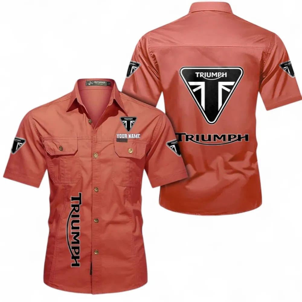 Retro Motorcycles Short Sleeved Shirt, Button up Shirt Exclusive Logo For Car Owners, Custom Name CAR392072125837-Red