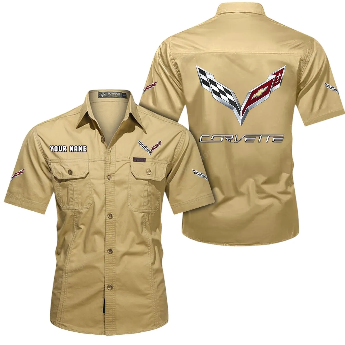 Speed Car Lovers Gift Short Sleeved Shirt, Button Up Shirt Exclusive Logo For Car Owners CAR444052625779 - Khaki