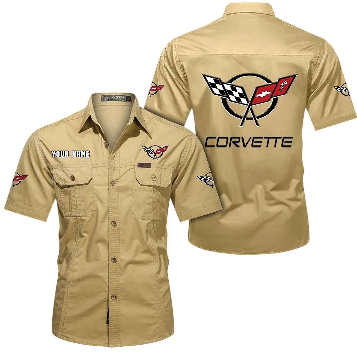 Speed Car Lovers Gift Short Sleeved Shirt, Button Up Shirt Exclusive Logo For Car Owners CAR444052625836 - Khaki