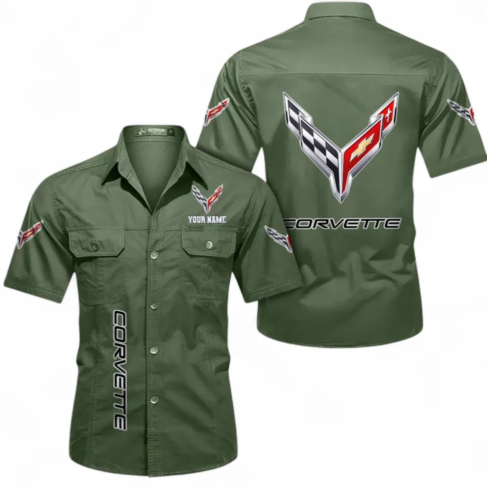 Speed Vintage Car Short Sleeved Shirt, Button up Shirt Exclusive Logo For Car Owners, Custom Name CAR392072125811-Army Green