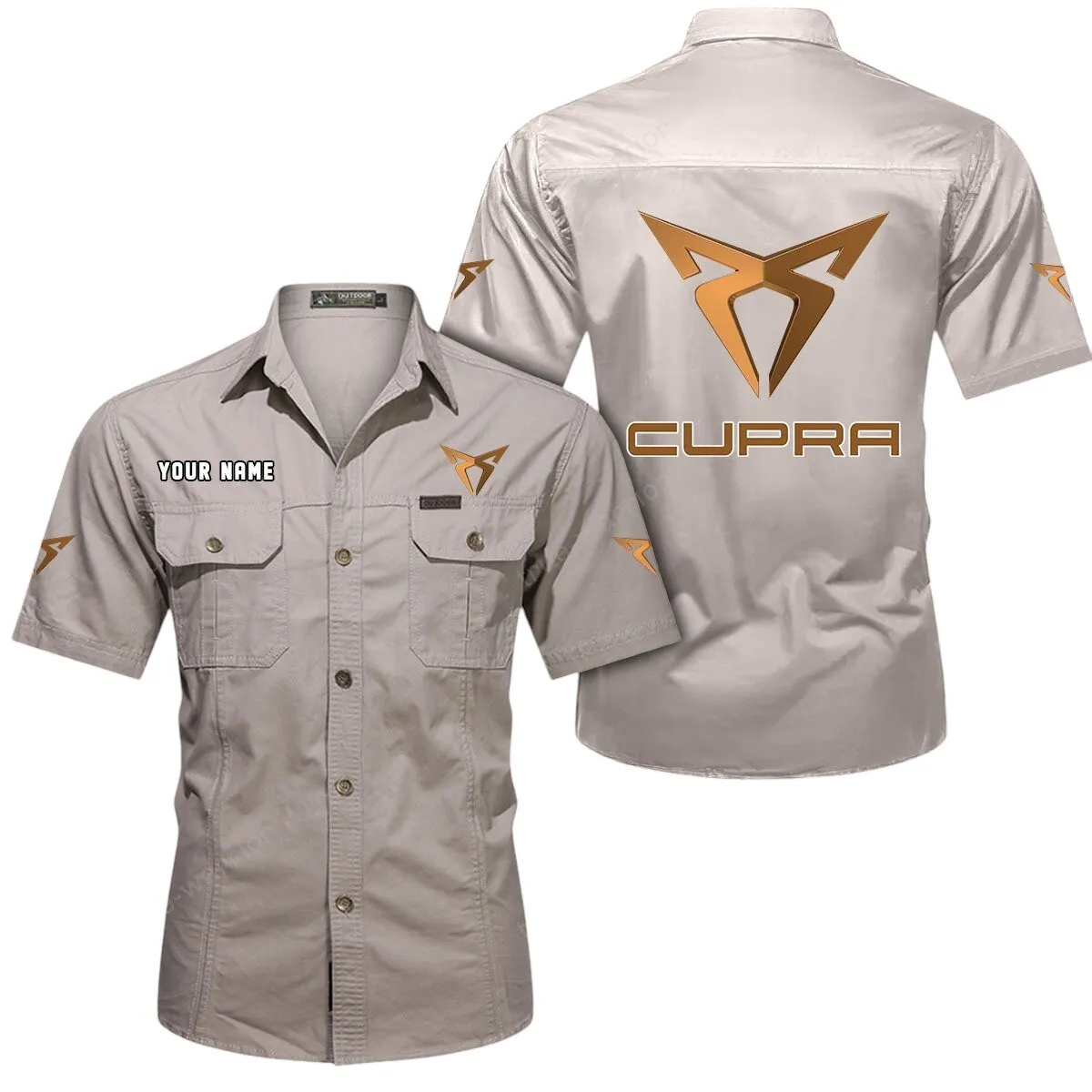 Sporty Car Lovers Gift Short Sleeved Shirt, Button Up Shirt Exclusive Logo For Car Owners CAR444052625925 - Beige