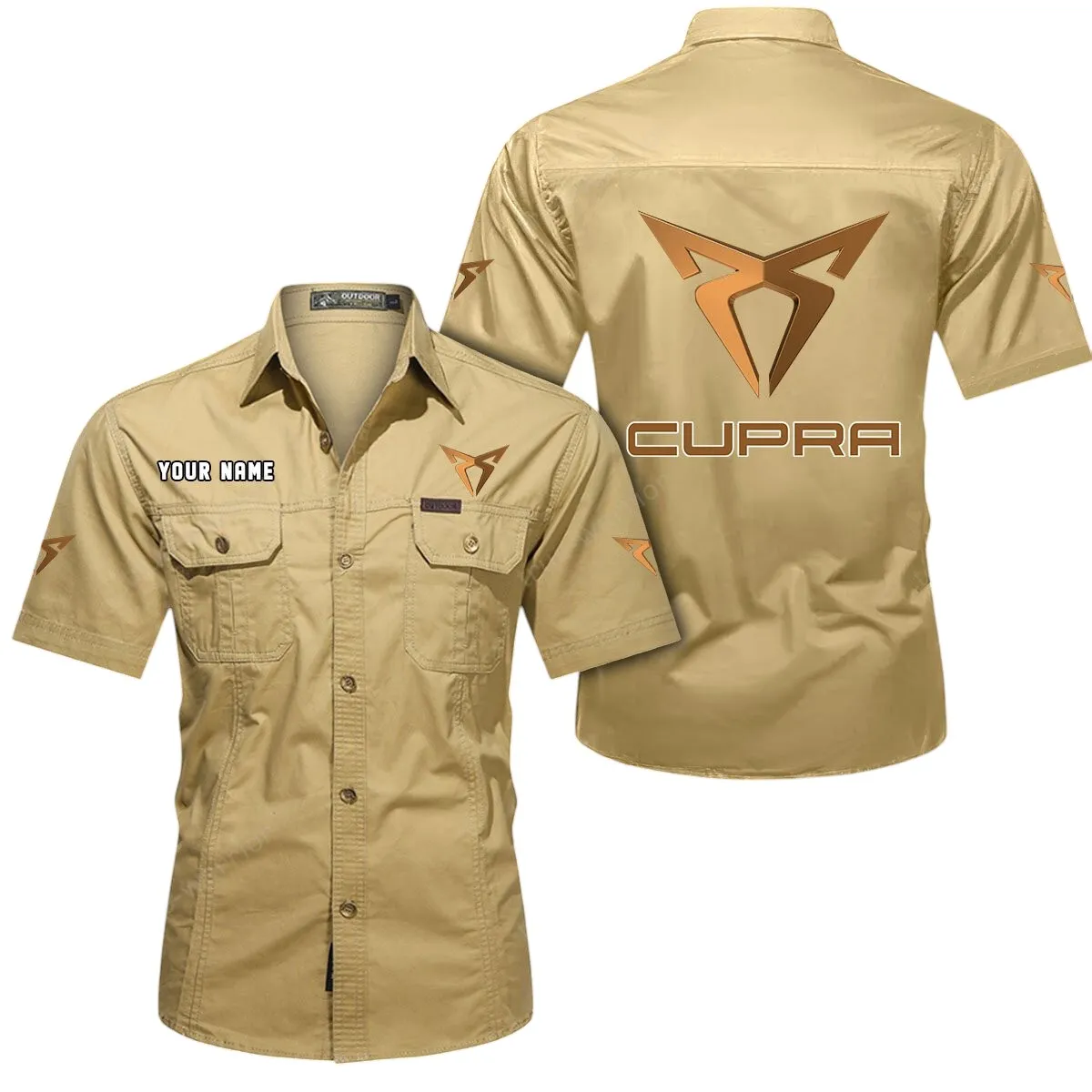 Sporty Car Lovers Gift Short Sleeved Shirt, Button Up Shirt Exclusive Logo For Car Owners CAR444052625925 - Khaki
